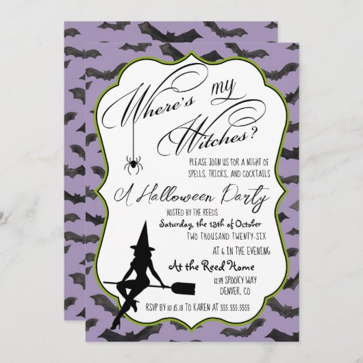 Retro Witch Paarse Halloween Party nodigt uit Kaart (Voorkant / Achterkant)