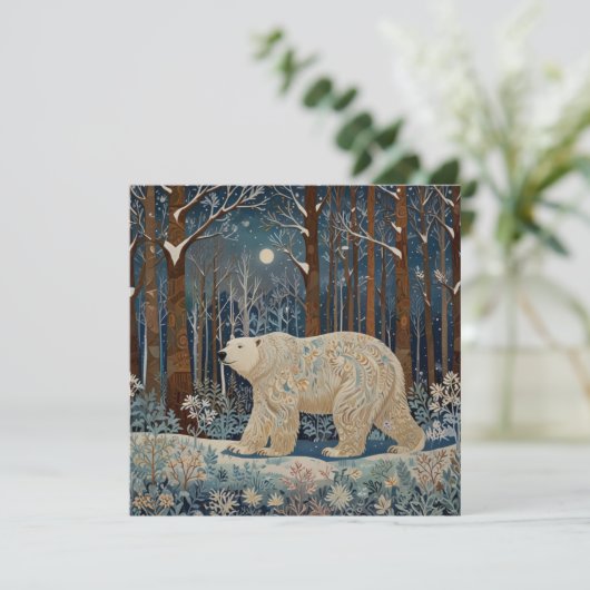 Retro witte beer boho winter bos boslandschap kaart (Staand voorkant)