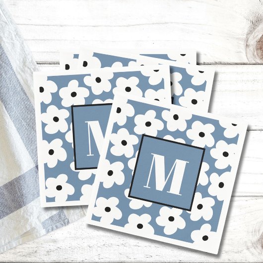 Retro Witte Bloemen Aangepaste Initiaal Monogram Servet