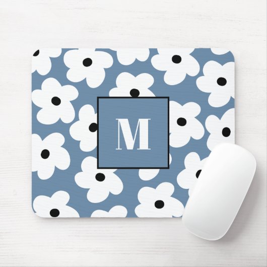 Retro Witte Bloemen Aangepaste Monogram Muismat (Met muis)