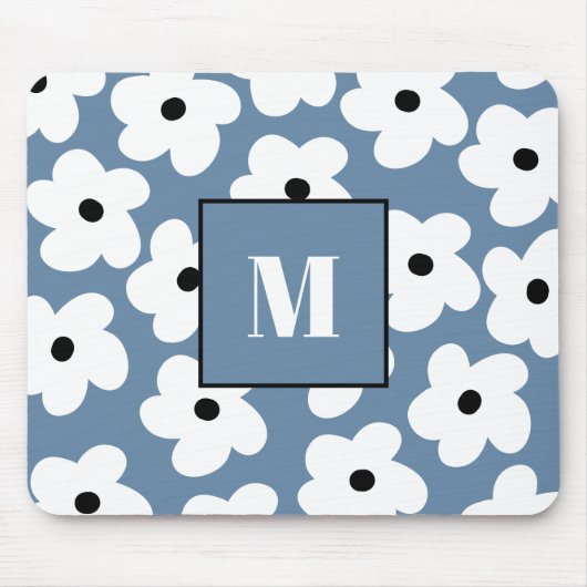 Retro Witte Bloemen Aangepaste Monogram Muismat (Voorkant)