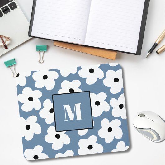 Retro Witte Bloemen Aangepaste Monogram Muismat