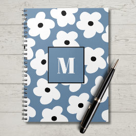 Retro Witte Bloemen Aangepaste Monogram Notitieboe Notitieboek