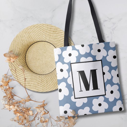 Retro Witte Bloemen Aangepaste Monogram Tote Bag