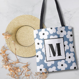 Retro Witte Bloemen Aangepaste Monogram Tote Bag