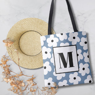 Retro Witte Bloemen Aangepaste Monogram Tote Bag
