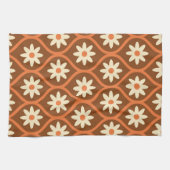 Retro witte bloemen op bruin midden eeuw Ogee Theedoek (Horizontaal)