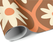 Retro Witte Bloemen op Bruin  Ogee Cadeaupapier (Rol Hoek)
