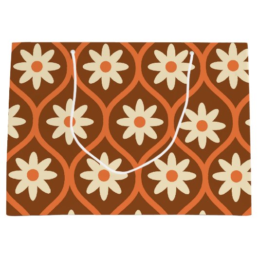 Retro Witte Bloemen op Bruin  Ogee Groot Cadeauzakje (Voorkant)