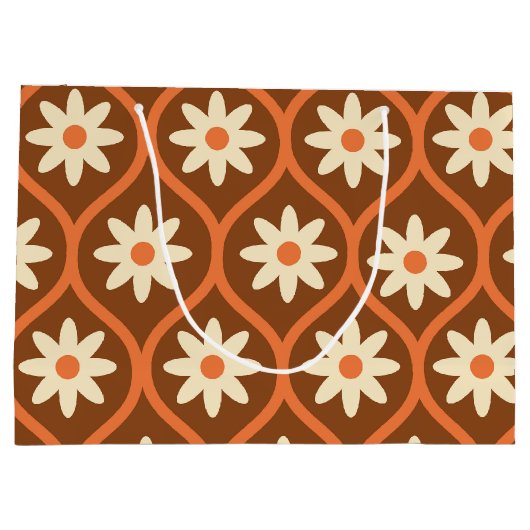 Retro Witte Bloemen op Bruin Ogee Groot Cadeauzakje (Achterkant)