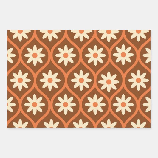 Retro Witte Bloemen op Bruin Ogee Inpakpapier Vel (Voorkant 2)