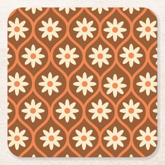 Retro Witte Bloemen op Bruin Ogee Kartonnen Onderzetters (Voorkant)