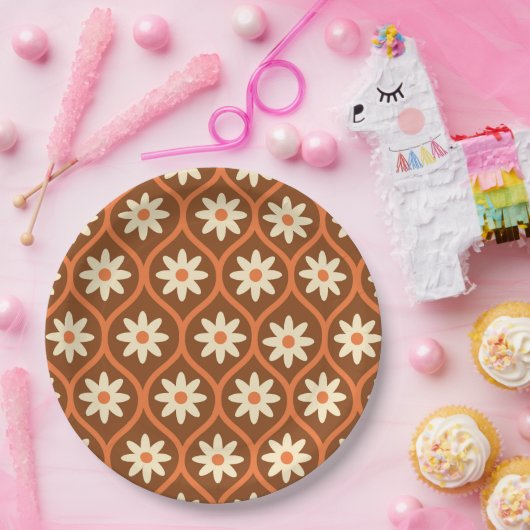 Retro Witte Bloemen op Bruin Ogee Papieren Bordje (Feest)