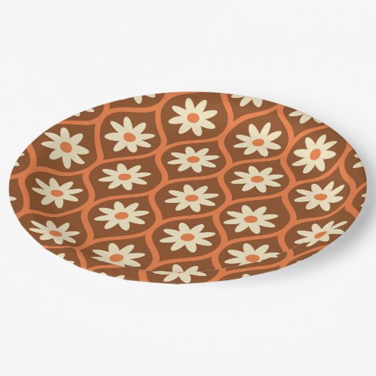 Retro Witte Bloemen op Bruin  Ogee Papieren Bordje (Gekanteld)