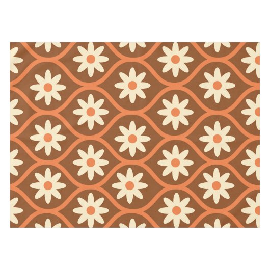 Retro Witte Bloemen op Bruin Ogee Tafelkleed (Voorkant (Horizontaal))