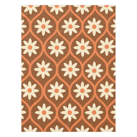 Retro Witte Bloemen op Bruin Ogee Tafelkleed (Voorkant)