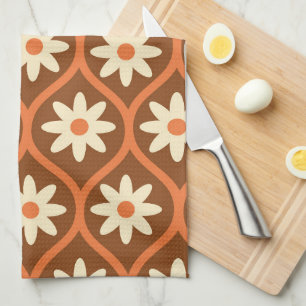 Retro Witte Bloemen op Bruine Mid Century Ogee Theedoek