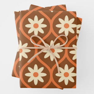 Retro Witte Bloemen op Bruine Vintage Ogee Inpakpapier Vel