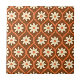Retro Witte Bloemen op Bruine Vintage Ogee Tegeltje