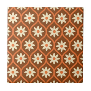 Retro Witte Bloemen op Bruine Vintage Ogee Tegeltje