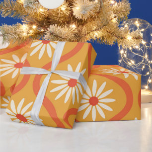 Retro Witte Bloemen op Midden Eeuw Oranje Ogee Cadeaupapier