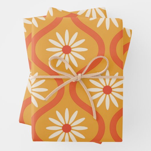 Retro witte bloemen op midden eeuw Sinaasappel Oge Inpakpapier Vel (In situ)