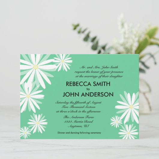 Retro Witte Daisies op Groene Bruiloft Kaart (Staand voorkant)