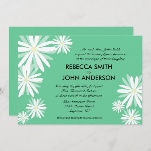 Retro Witte Daisies op Groene Bruiloft Kaart (Voorkant / Achterkant)