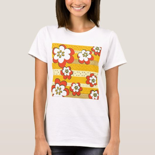 Retro witte en Oranje bloemen T-shirt (Voorkant)