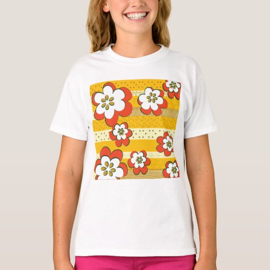 Retro witte en Oranje bloemen T-shirt (Voorkant)