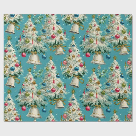 Retro Witte Kerstbomen Blauw Cadeaupapier (Vlak)
