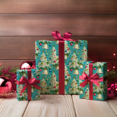 Retro Witte Kerstbomen Blauw Cadeaupapier