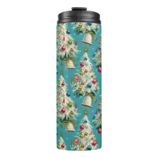 Retro Witte Kerstbomen Blauw Thermosbeker (Voorkant)