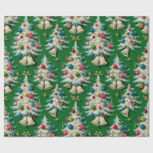 Retro Witte Kerstbomen Groen Cadeaupapier (Vlak)