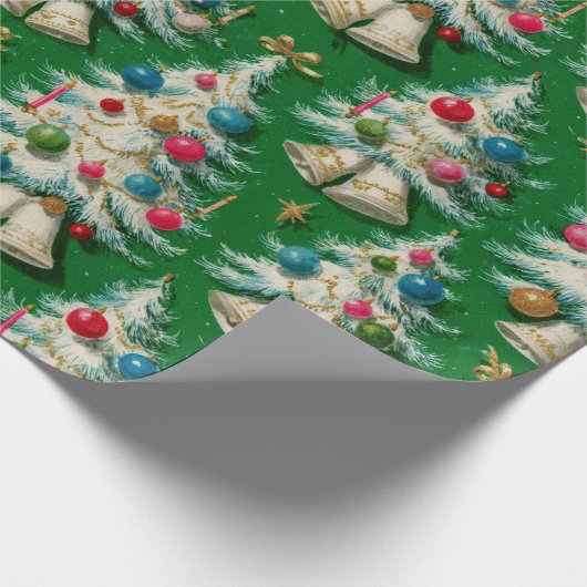 Retro Witte Kerstbomen Groen Cadeaupapier (Hoek)