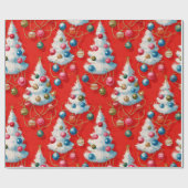Retro Witte Kerstbomen Rood Cadeaupapier (Vlak)