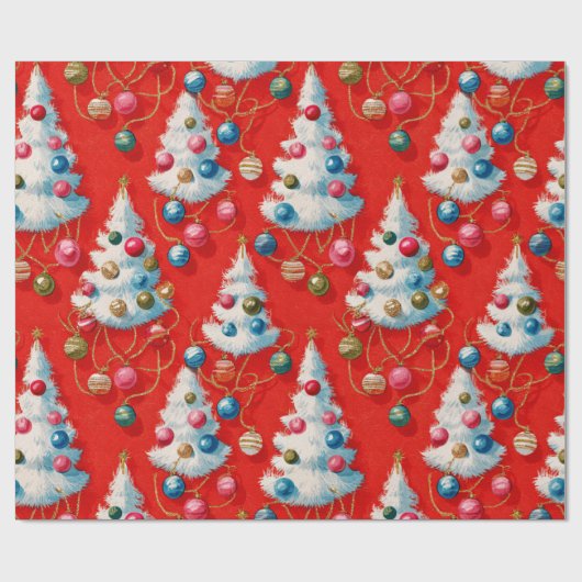 Retro Witte Kerstbomen Rood Cadeaupapier (Vlak)