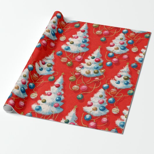 Retro Witte Kerstbomen Rood Cadeaupapier (Uitgerold)