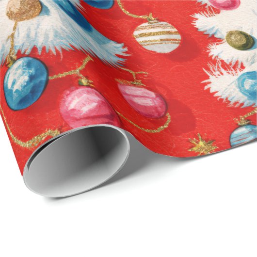 Retro Witte Kerstbomen Rood Cadeaupapier (Rol Hoek)