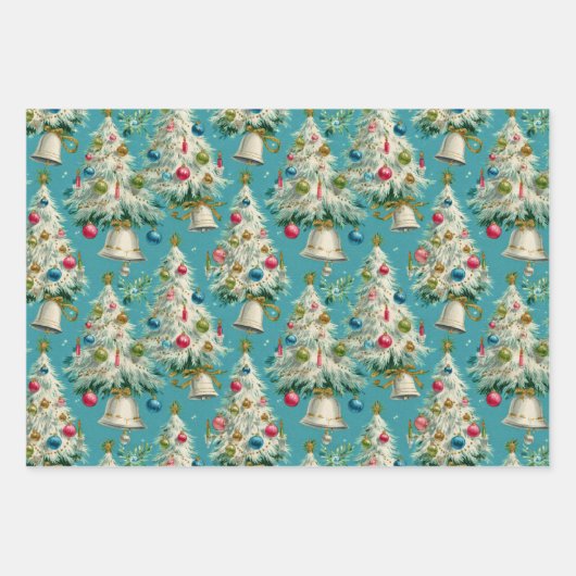 Retro witte kerstboom inpakpapier vel (Voorkant 3)