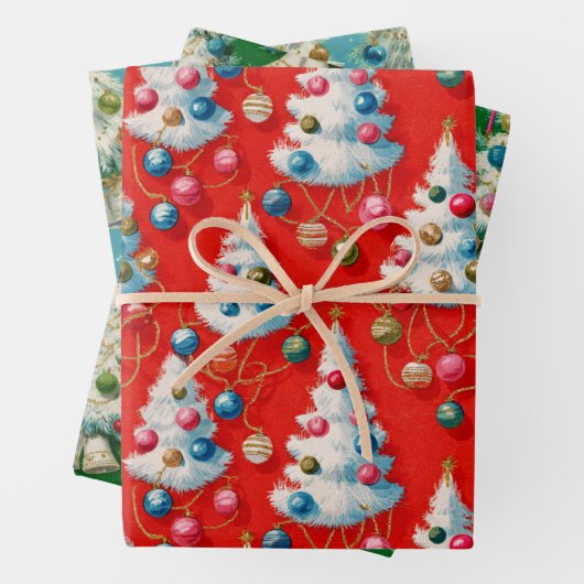 Retro witte kerstboom inpakpapier vel (In situ)