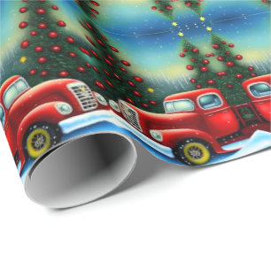 Retro Witte Kerstmis Vintage Rode Truck en Bomen Cadeaupapier