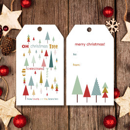 Retro Witte Kleurrijke Oh Kerstboom Vakantie Cadeaulabel