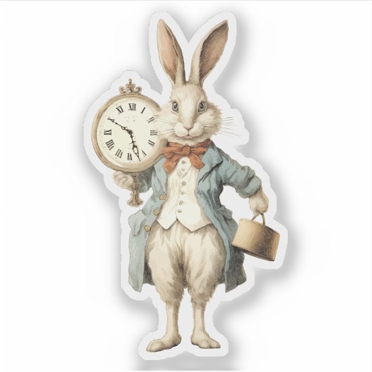 Retro Witte Konijn Met Zakhorloge Sticker (Voorkant)