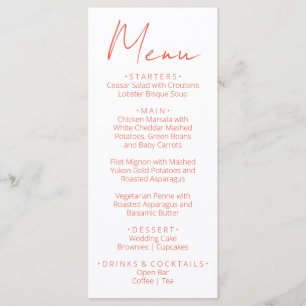 Retro witte oranje handgeschreven trouwmenu menu