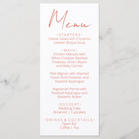 Retro witte oranje handgeschreven trouwmenu menu (Voorkant)