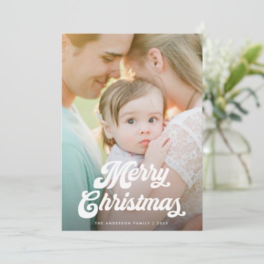 Retro witte script Prettig kerstfeest Eén foto Feestdagenkaart (Staand voorkant)