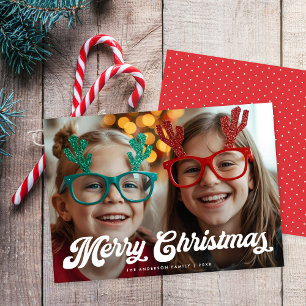 Retro Witte Script Prettig Kerstmis Eén Foto Feestdagenkaart