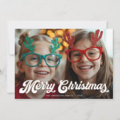 Retro Witte Script Prettig Kerstmis Eén Foto Feestdagenkaart (Voorkant)