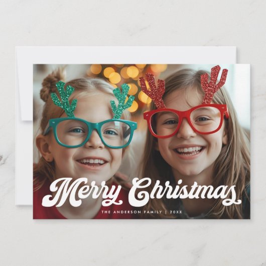 Retro Witte Script Prettig Kerstmis Eén Foto Feestdagenkaart (Voorkant)